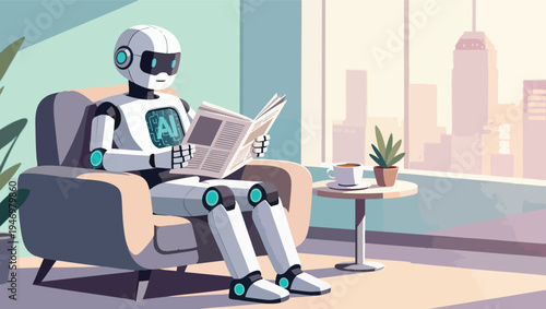 Robot sitting in armchair reading a newspaper with AI logo on chest by a window with city view artificial intelligence.