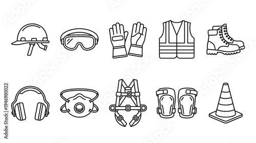 A collection of clean line art icons representing essential construction safety gear, including a helmet, goggles, gloves, vest, boots, headphones, mask, harness, knee pads, and cone.
