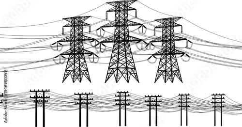 Detailed black and white illustration of electrical transmission towers, utility poles, high 