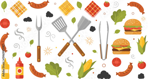Barbecue grill elements collection with sausages burgers corn sauces fork spatula and vegetables summer BBQ food flat vector illustration