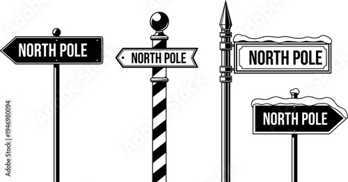 Set of black and white North Pole signpost icons with snow, arrows, and stripes for Christmas, winter, and holiday decorations