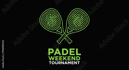 Green Padel Rackets Graphic, Tournament Event Emblem, Black Background Design