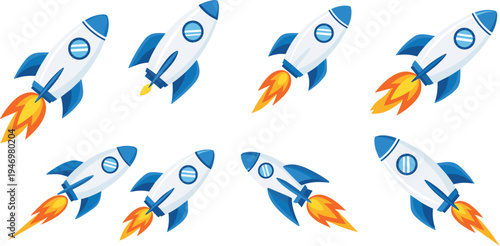 Cartoon rocket ship launch vector set with flames and smoke, space travel spacecraft icons for startup growth, technology innovation, exploration, and astronomy design