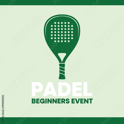Green Padel Racket Icon Featuring Beginners Event Text and A Sporty Design for Promotional Use