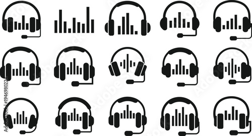 Audio headset with sound wave equalizer icons set for music streaming, podcast recording, call center support, and digital audio communication technology concepts