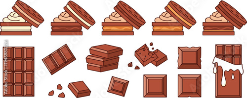 Chocolate bars and chocolate sandwich cookies vector set with melting chocolate pieces and sweet dessert snacks for confectionery packaging, bakery menu, and candy branding