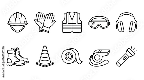 A set of black and white line art icons representing essential construction safety gear and tools on a white background, useful for illustrating safety protocols and equipment.