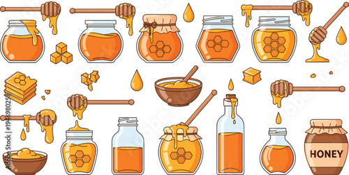 Honey jars, dripping honey dipper, honeycomb and sweet nectar elements vector set for organic food packaging, beekeeping products, natural sweetener and farm market design