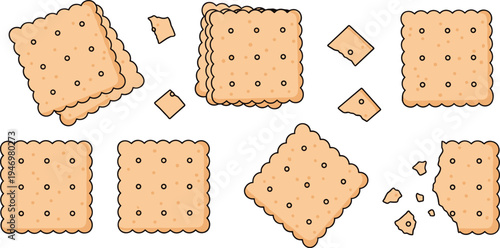 Set of square cracker biscuit illustrations with crumbs, crunchy snack food vector collection for bakery packaging, menu design, grocery products, and snack branding