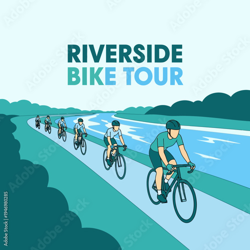 Group Cycling Expedition Along Riverbanks: A Recreational Illustration of Bike Touring