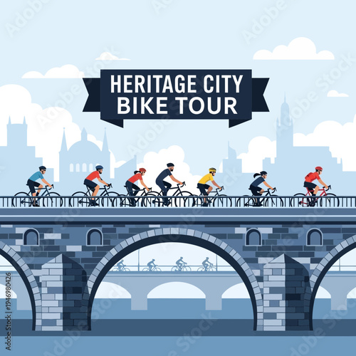 Group Of Cyclists Enjoying A Heritage City Bike Tour Crossing A Historic Stone Bridge