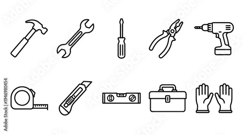 A clean, minimalist graphic design featuring outline icons of various hand tools and safety equipment on a white background.