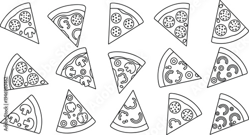 Collection of pizza slice line icons with different toppings, simple outline fast food illustrations for restaurant menu design, delivery apps, food branding, and culinary graphics