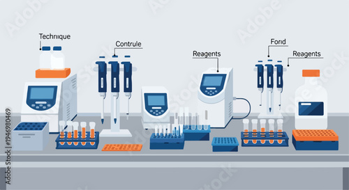Laboratory equipment vector illustration set with pipettes, test tubes, and scientific instruments for medical research and analysis