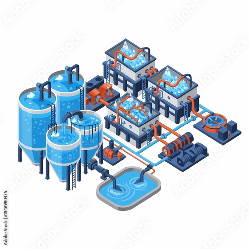 Isometric Industrial Water Treatment Plant with Tanks and Filtration System.