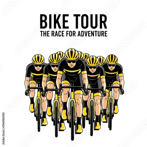 Group Of Cyclists Racing Forward On Bikes, Representing Teamwork And Competition Vigor