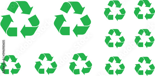 Green recycling symbol icon set with eco recycle arrows, environmental sustainability signs collection for waste management and eco friendly design