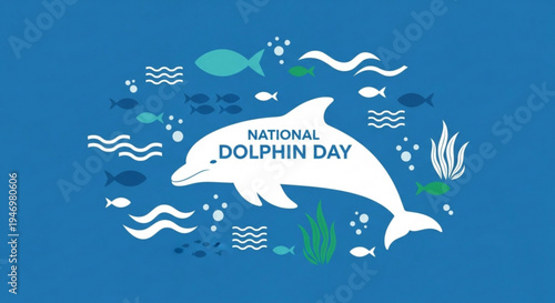 National dolphin day celebration with white dolphin and ocean creatures on blue background