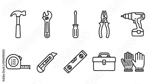 A collection of clean line art icons representing various construction and DIY tools on a white background, perfect for digital or print projects.