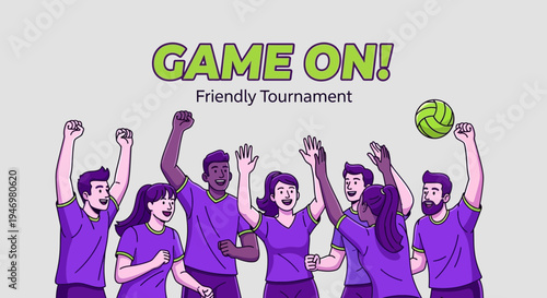 Group Of Players Celebrating A Volleyball Victory At A Friendly Tournament Illustration