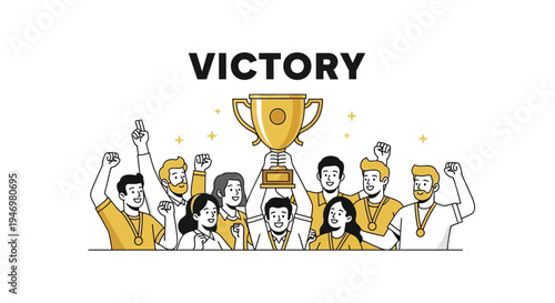 Group Of People Celebrating Victory, Holding A Golden Trophy, Illustrated Concept