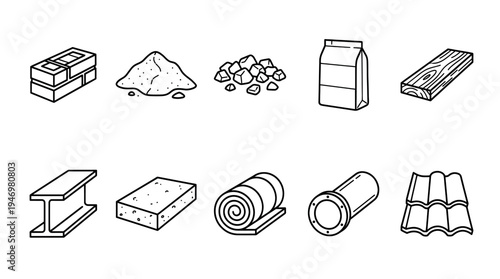 A minimalist illustration in black and white features various construction materials, including bricks, sand, gravel, a bag of cement, wood, steel beam, insulation, pipe, and roof tiles.