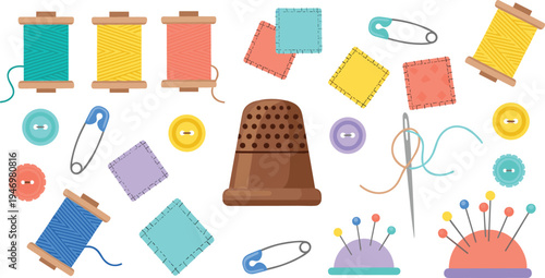 Colorful sewing tools and tailoring supplies set with thread spools buttons pins safety pins thimble and fabric patches craft flat vector illustration