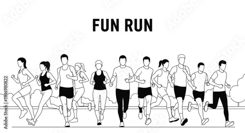 Group Of People Running Together In A Fun Run Marathon Under Sunlight Illustration