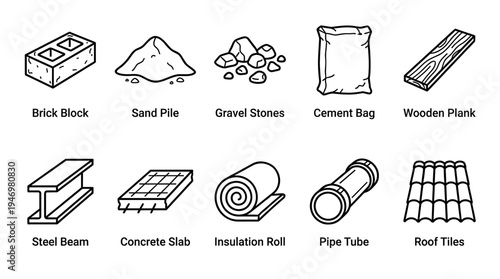 A clean black and white line art collection of various construction materials arranged in a grid, ideal for infographics or design elements.