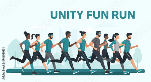 Group Of People Running Together During An Organized Unity Fun Run Event