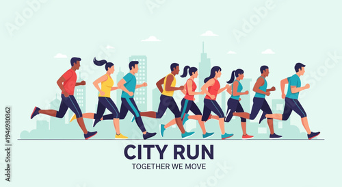 Group Of People Running In City Depicts Health And Teamwork Together