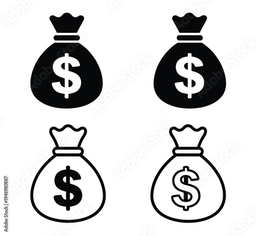 Money Bag Dollar Symbol Icon Set Banking Investment Profit Finance Illustration