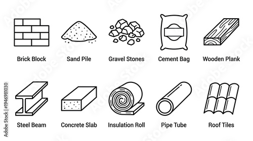 This illustration features a collection of simple line art icons representing various construction and building materials arranged in two rows.