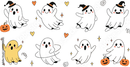 Cute Halloween ghost characters with witch hats pumpkins hearts and sparkles kawaii spooky cartoon collection festive flat vector illustration