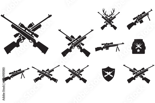Hunting Rifle and Sniper Gun Black Vector Silhouette Icon Set