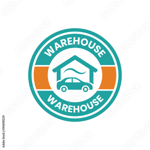 Circular car loan warehouse emblem with orange and teal color