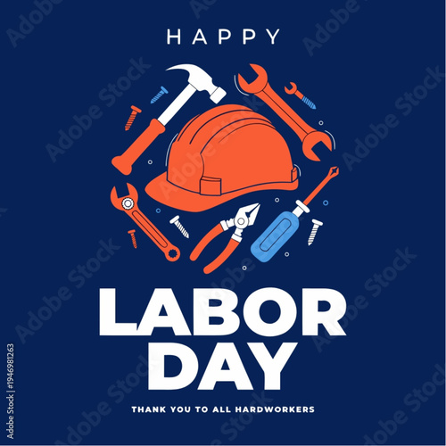 “Labor Day Poster Vector Illustration with Helmet, Hammer and Tools”