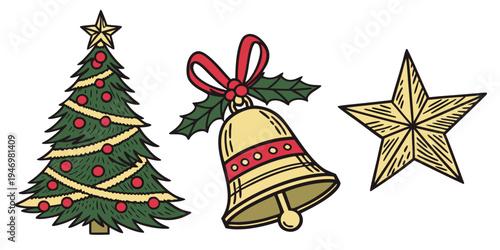 Christmas tree bell and star icons on for holiday decoration ideas