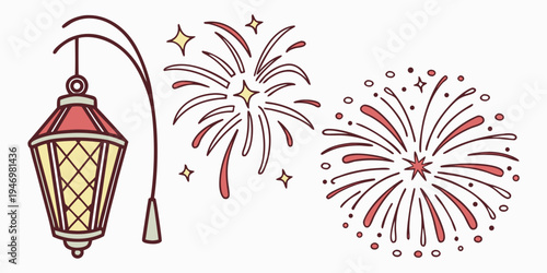 Festive illustration of a lantern and fireworks on a for 4th of july or new years eve celebrations with red and yellow colors