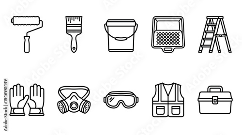 Collection of simple line art icons representing painting equipment and safety gear, suitable for DIY, renovation, or professional construction themes.