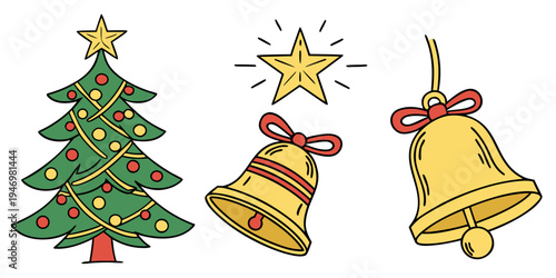 Christmas tree and bells with star on for holiday greeting cards and festive decorations