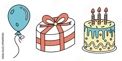 Colorful birthday party objects including a blue balloon, a gift box with a ribbon, and a decorated cake with candles