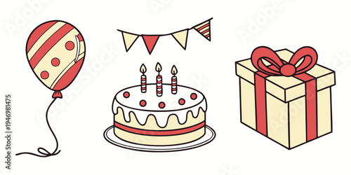 Colorful birthday icons including a cake with candles and a gift box