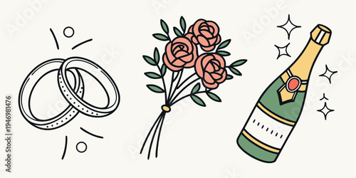 Wedding rings, bouquet of roses, and champagne bottle for celebration