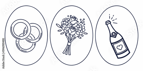 Wedding icons including rings bouquet and champagne bottle in line art style for valentines day or marriage