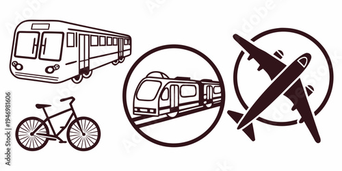 Transportation icons including bus, bicycle, train, and airplane