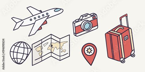 A set of travel icons including an airplane, camera, suitcase, map, globe, and location pin on a light background