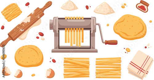 Italian pasta making process with pasta machine dough eggs rolling pin flour and fresh spaghetti cooking ingredients flat vector illustration
