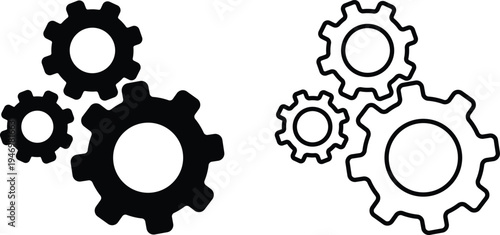 A black and white illustration featuring two sets of three interlocking gears, one solid and one outline, symbolizing mechanics, settings, and industrial processes.