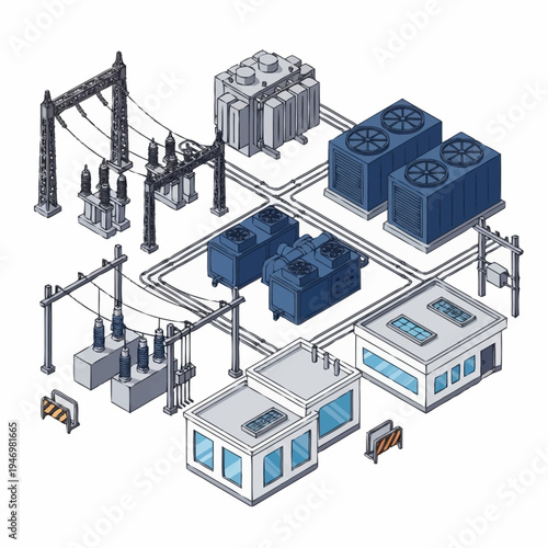Isometric Power Grid Infrastructure with Substations and Buildings.